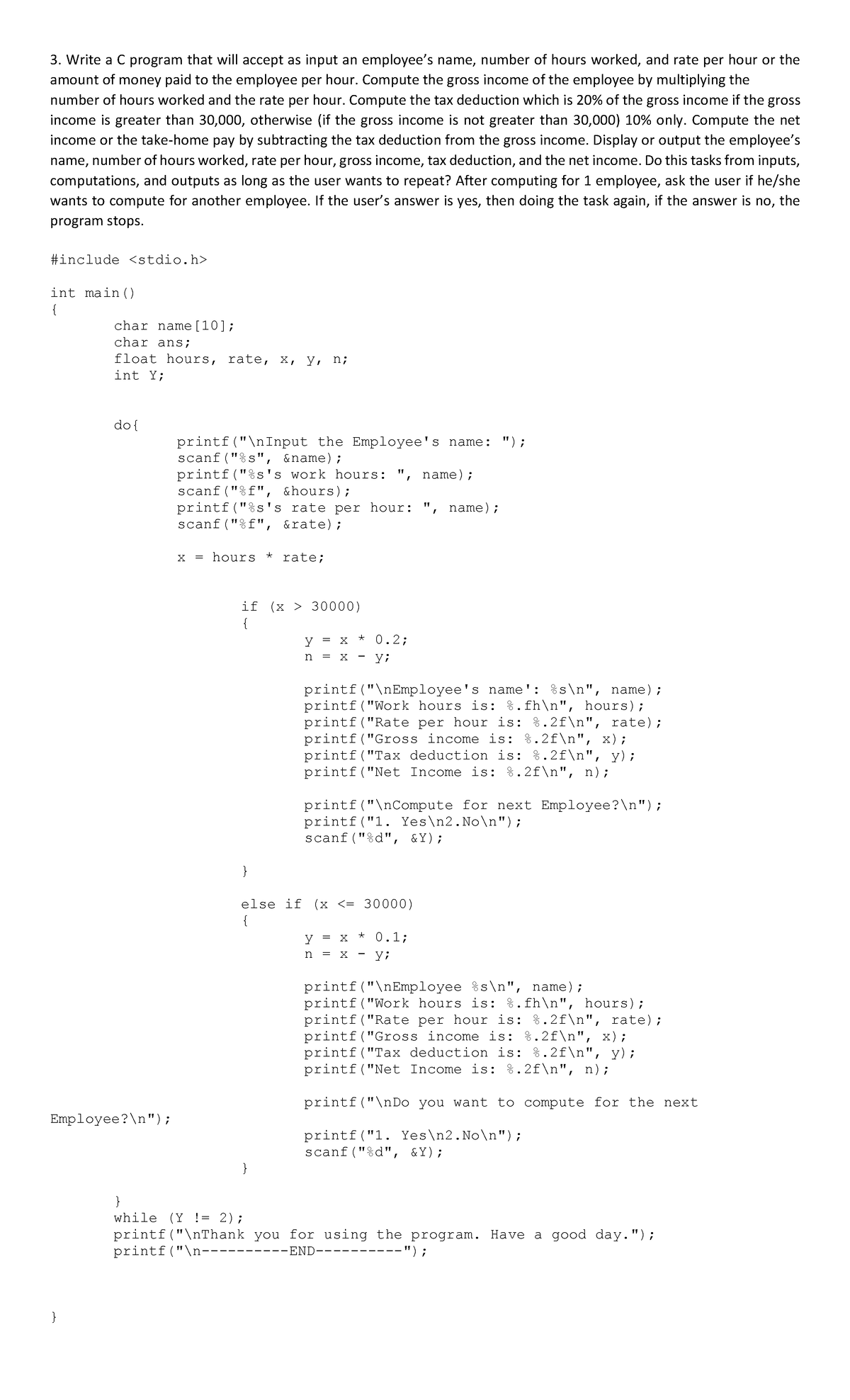 C Programming: Employee Income Calculator - Problem #3 Sample Code ...