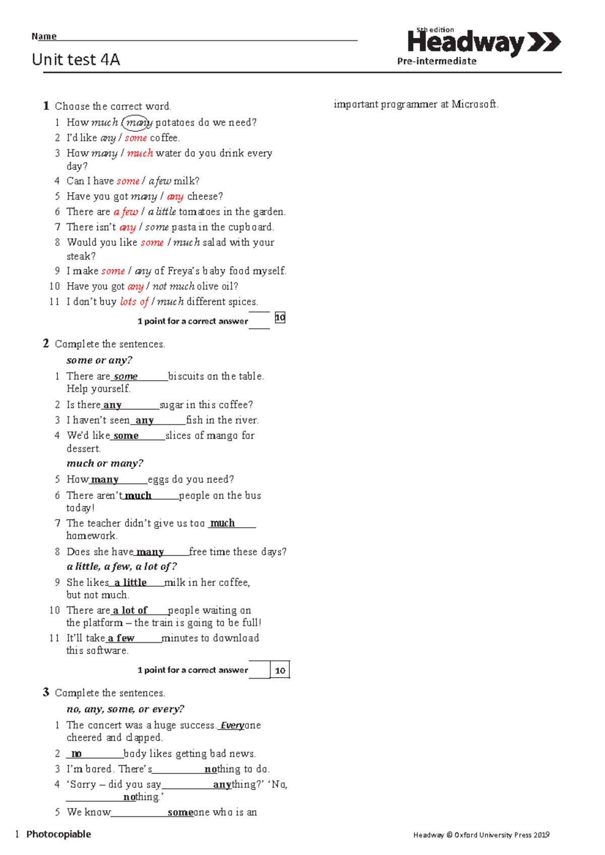 508632836 HW5e Pre Intermediate Test Unit 4A 2 - 5th edition Name Unit ...