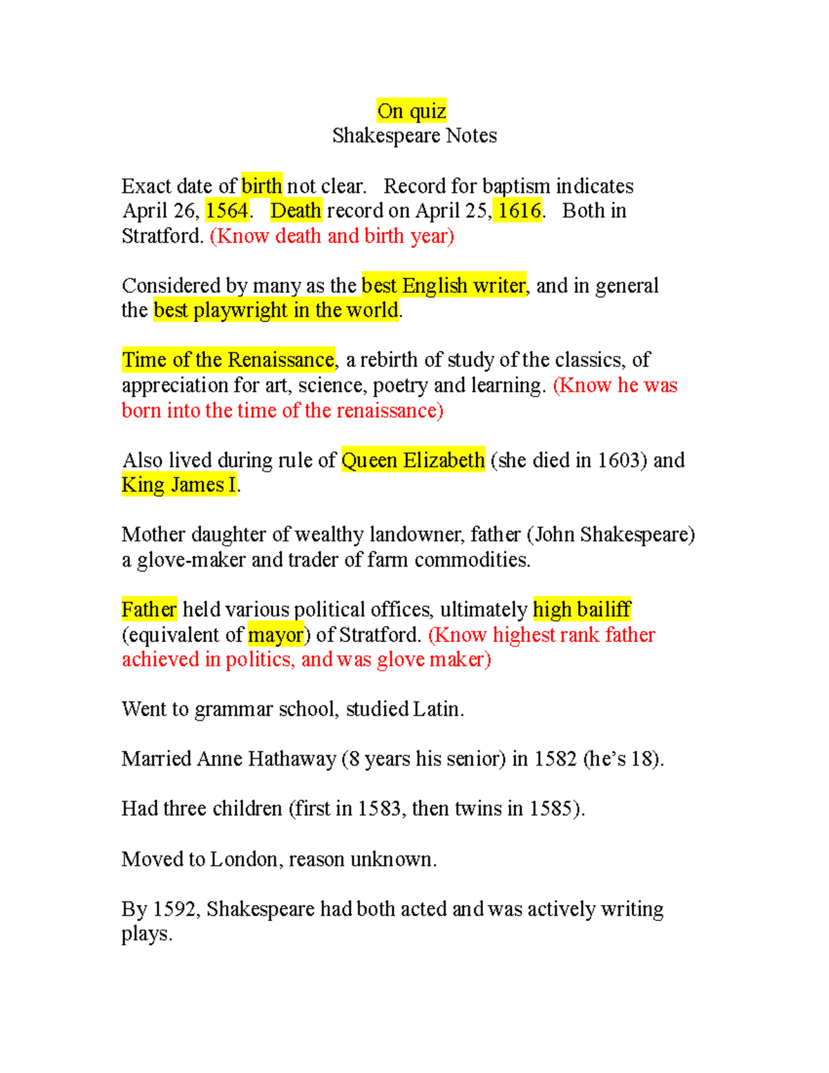 Shakespeare Quiz Notes: Key Insights on His Life and Works - Studocu