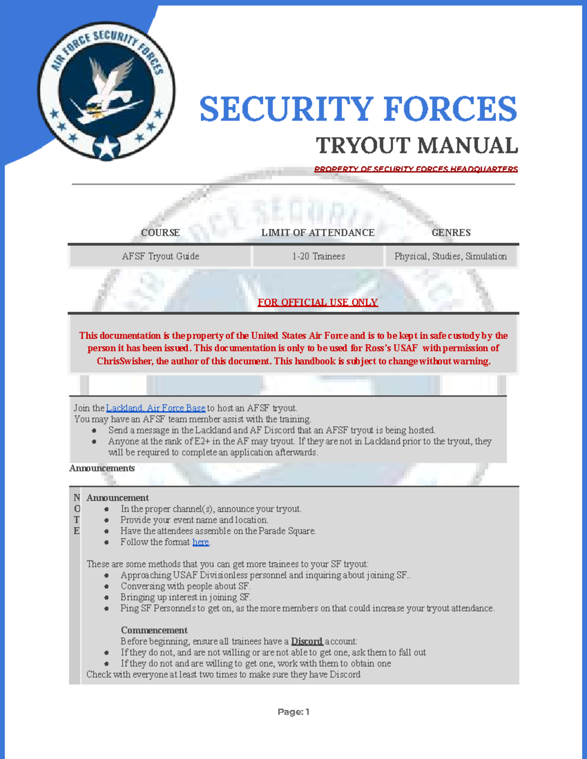 AFSF [V2] Security Forces Tryout Guide for Trainees - Studocu