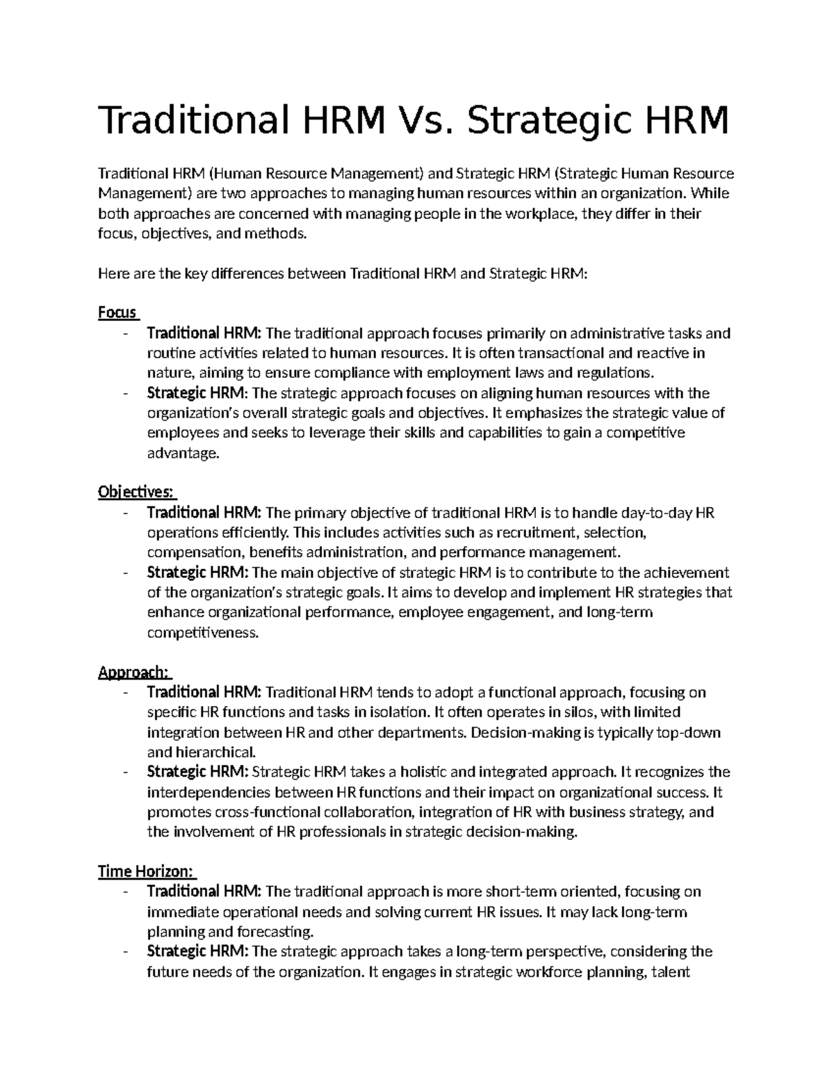Traditional HRM vs. Strategic HRM: Key Differences Explained - Studocu
