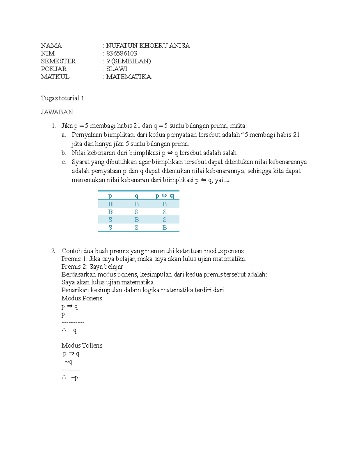 Tugas 1 MTK: Tutorial Logika dan Fungsi Matematik - mtk - Studocu