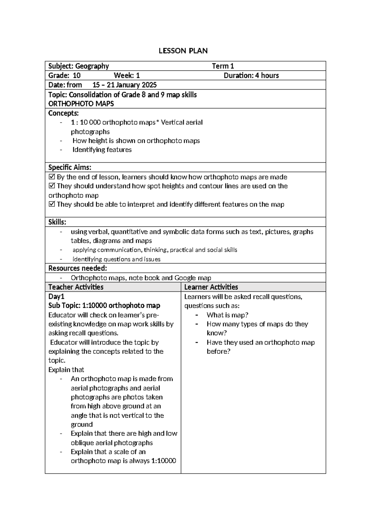 GEOG 10 Term 1 Week 1 Lesson Plan Orthophoto Maps Skills Studocu