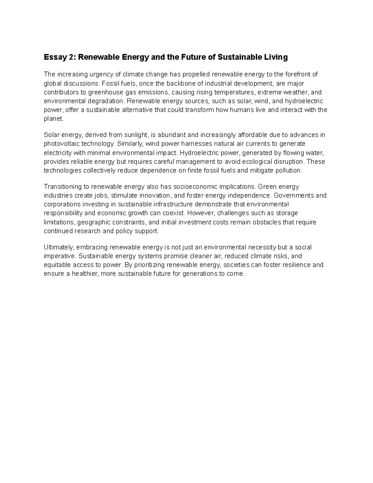 Essay 2: Renewable Energy & Sustainable Living Future - Studocu