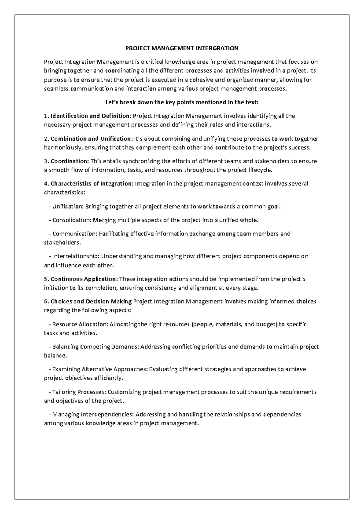 Project Management Intergration - PROJECT MANAGEMENT INTERGRATION ...