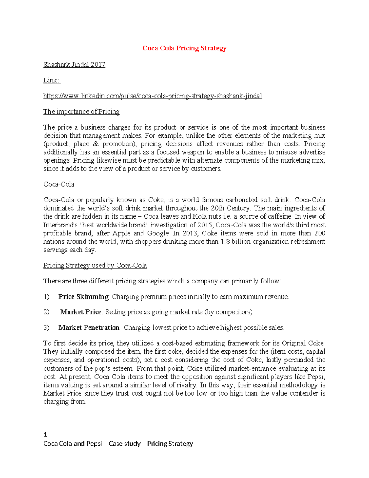 Coca Cola and Pepsi Pricing Strategy Case Study Analysis - Studocu