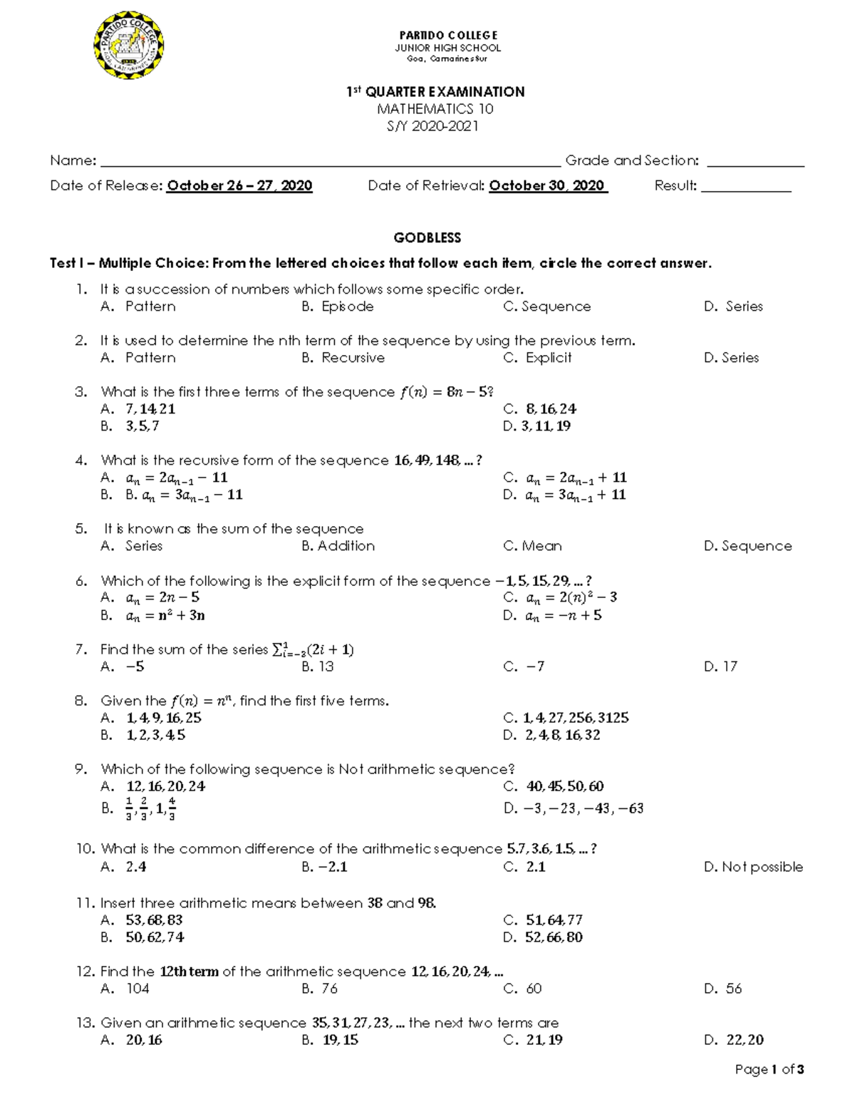 1st Quarter Exam Mathematics 10 - Partido College Junior High - Studocu