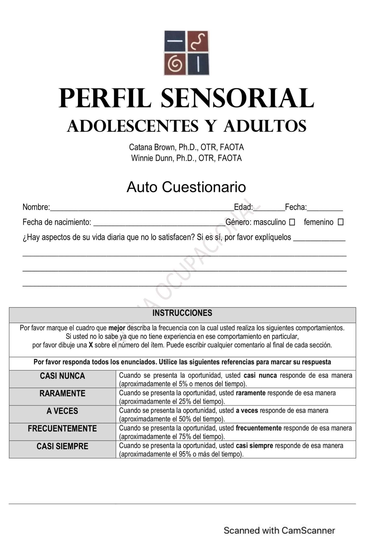 Perfil Sensorial para Adolescentes y Adultos (Catana Brown, Ph.D.) - Document Preview