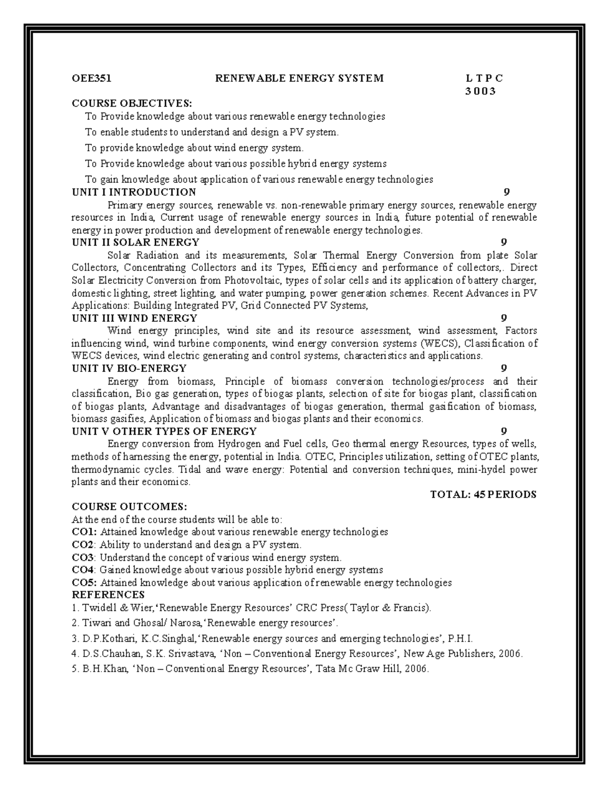 OEE351 Renewable Energy Systems Study Material: Units 1-5 Overview ...