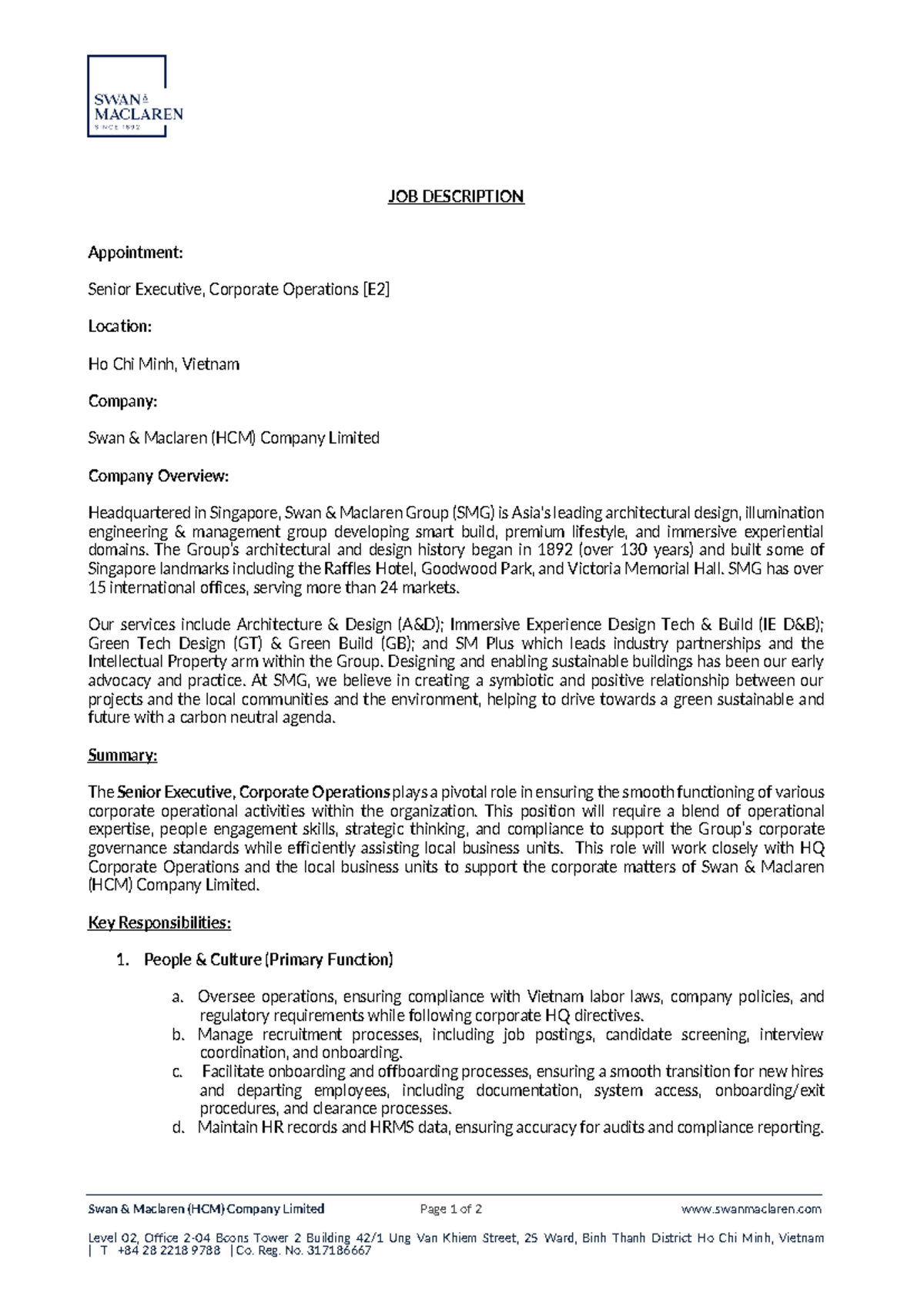 JD Smhcm Corporate Operations Senior Executive - Swan & Maclaren (HCM ...