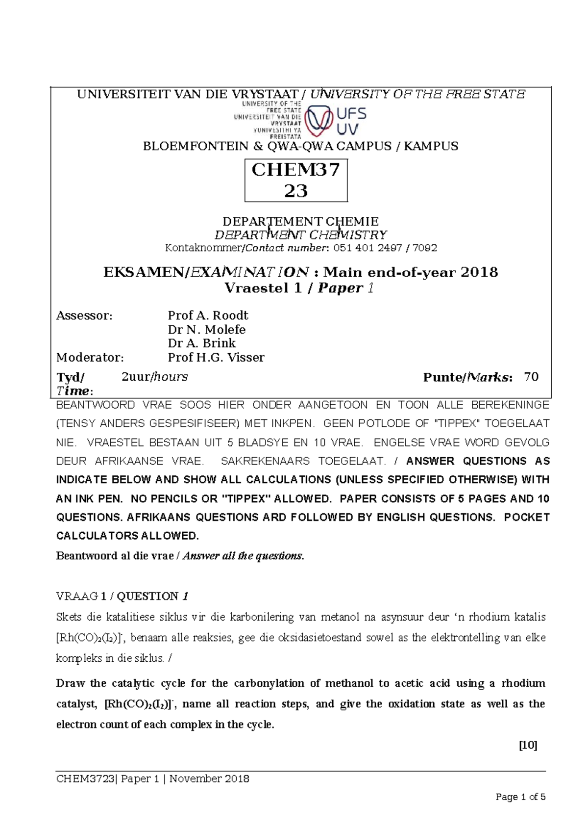 CHEM37 23 Final Exam Paper 1 November 2018 Analysis - Studocu