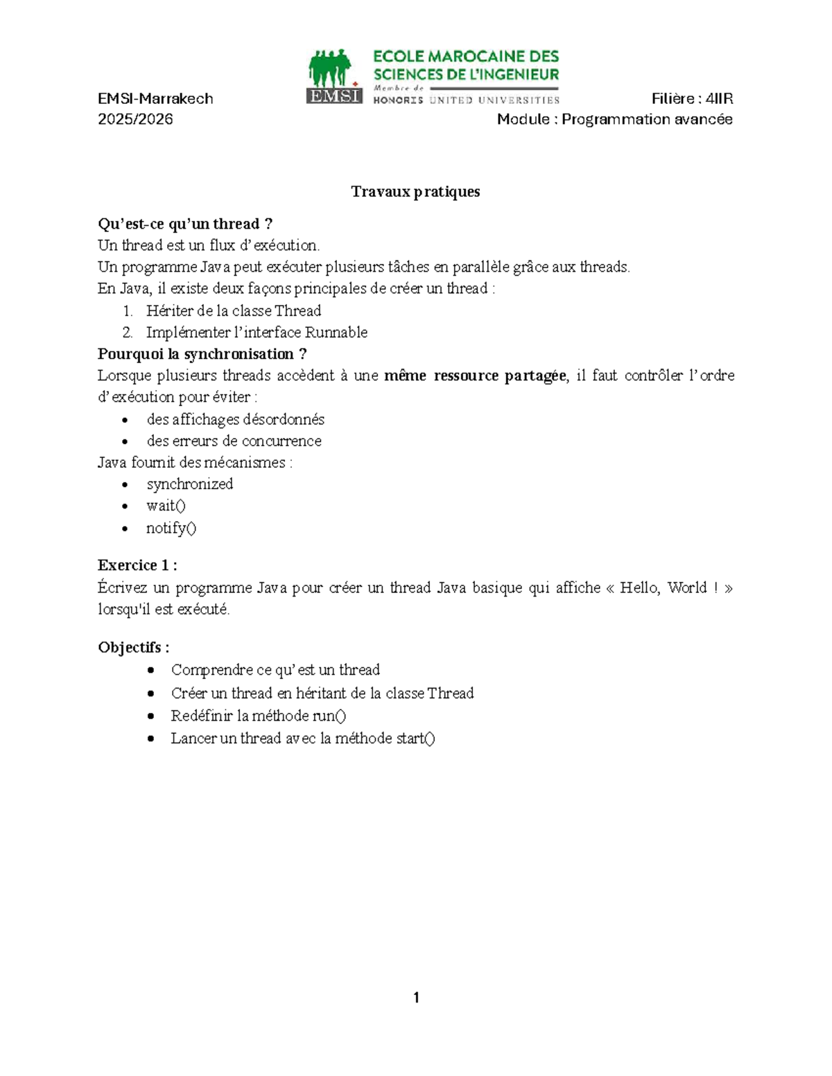 Travaux Pratiques 12 - 4IIR: Programmation Avancée sur Threads - Studocu