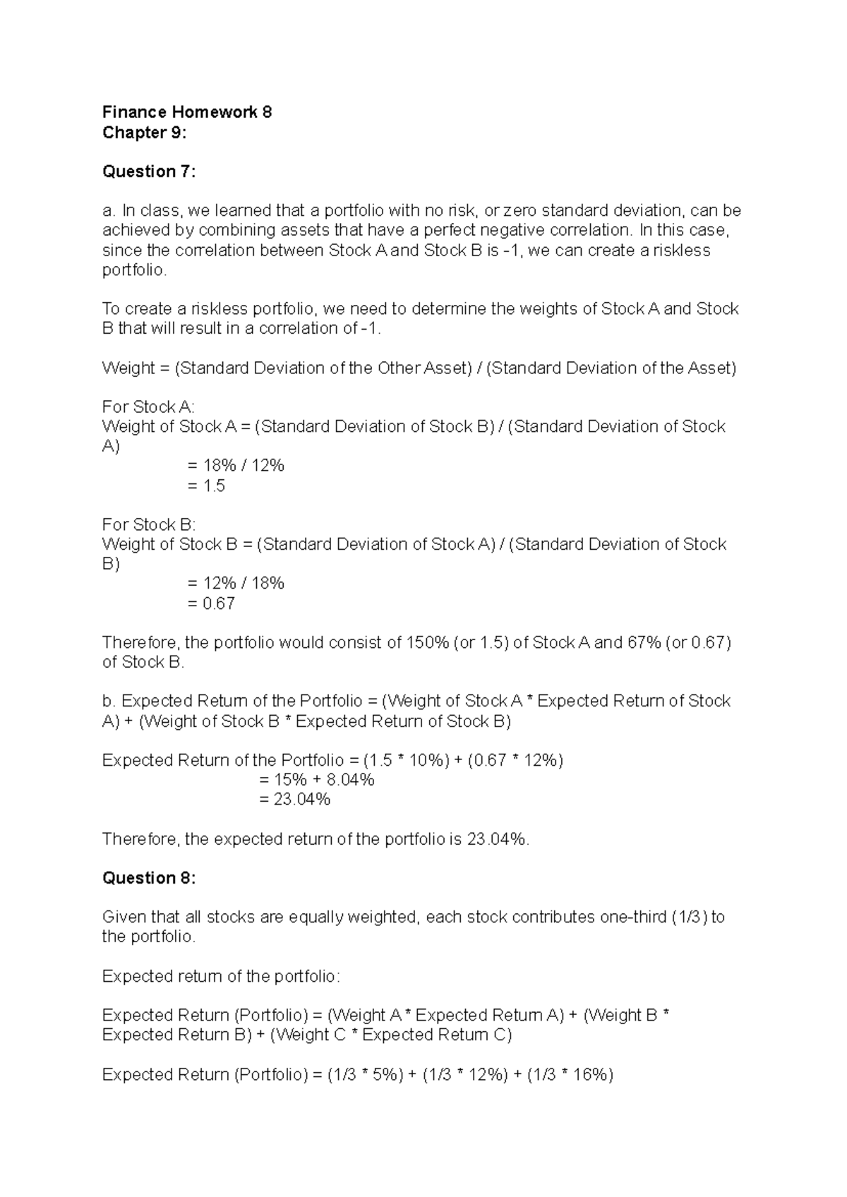 Finance Homework Tutorial 8: Riskless Portfolio Concepts - Studocu