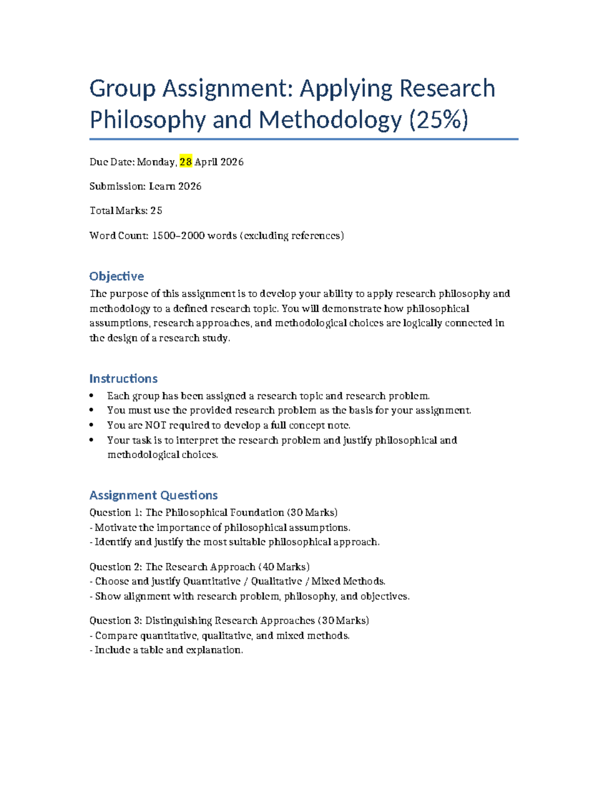 Group Assignment: Research Philosophy & Methodology Application - Studocu