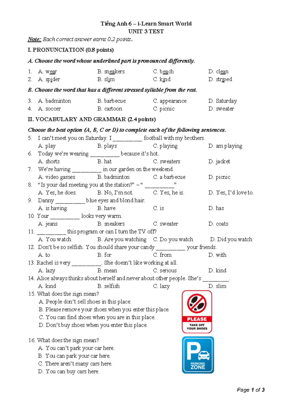 Tiếng Anh 6 Smart World - Unit 3 Test Review and Practice - Studocu