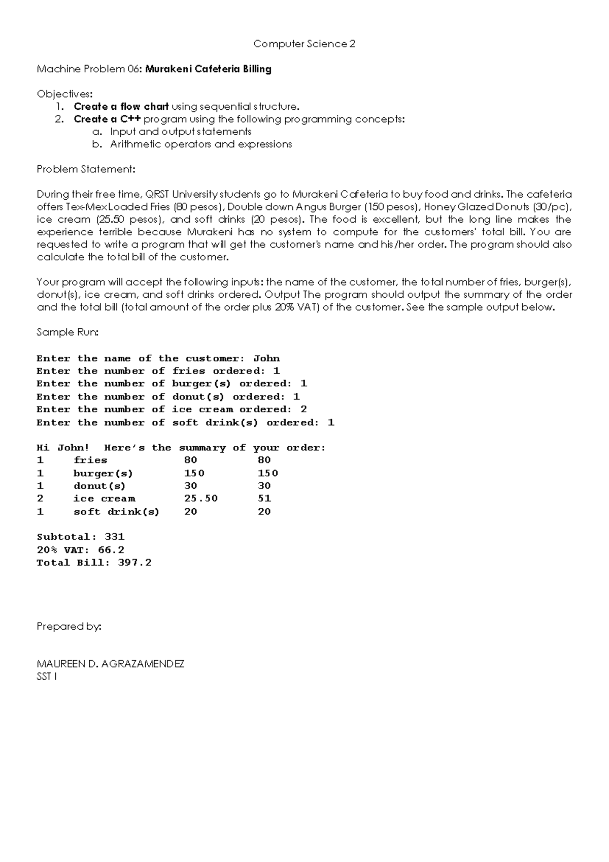 CS2 MP06: Murakeni Cafeteria Billing Program & Flowchart - Studocu