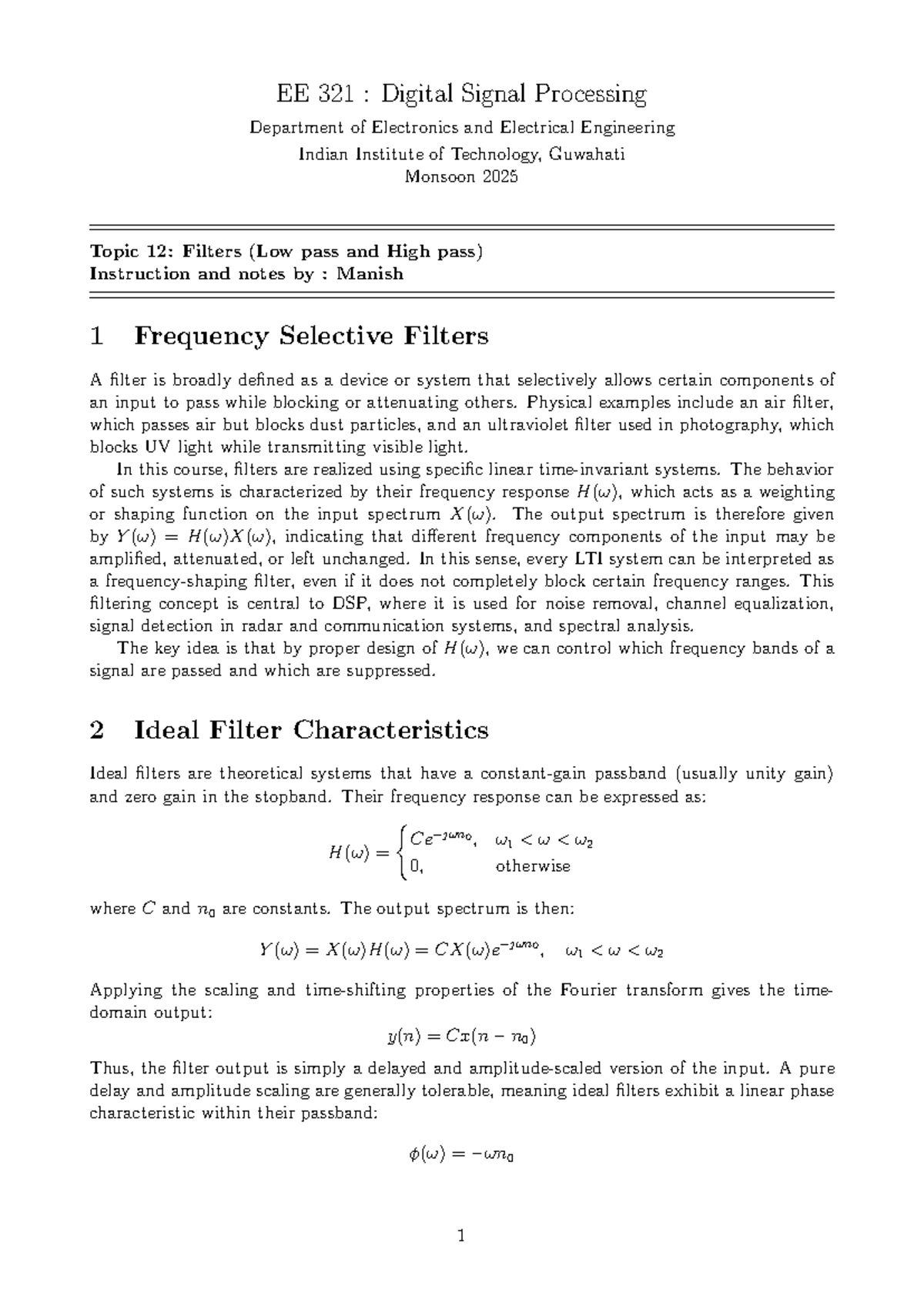 EE 321: Digital Signal Processing - Topic 12 Filters I Notes - Studocu