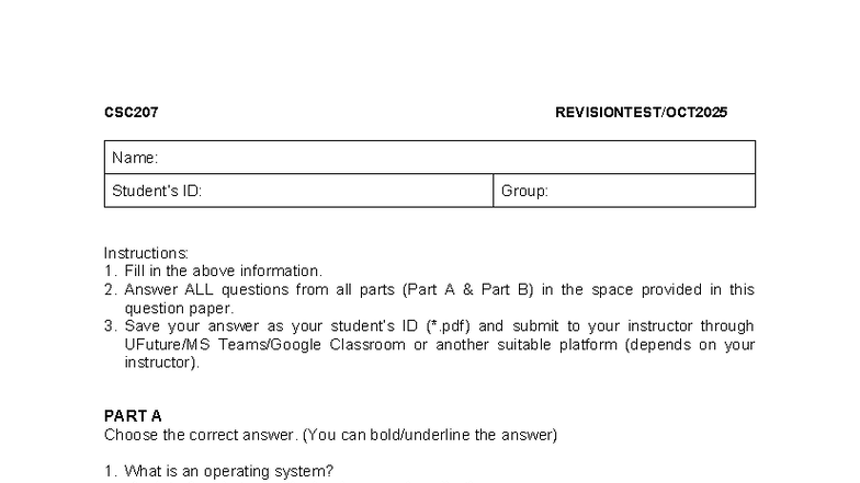 CSC207 Revision Test Oct 2025: Operating Systems Concepts - Studocu