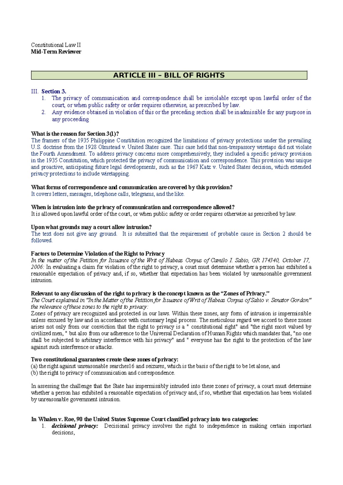 Bill of Rights Section 3 - Midterm Reviewer (Constitutional Law II ...