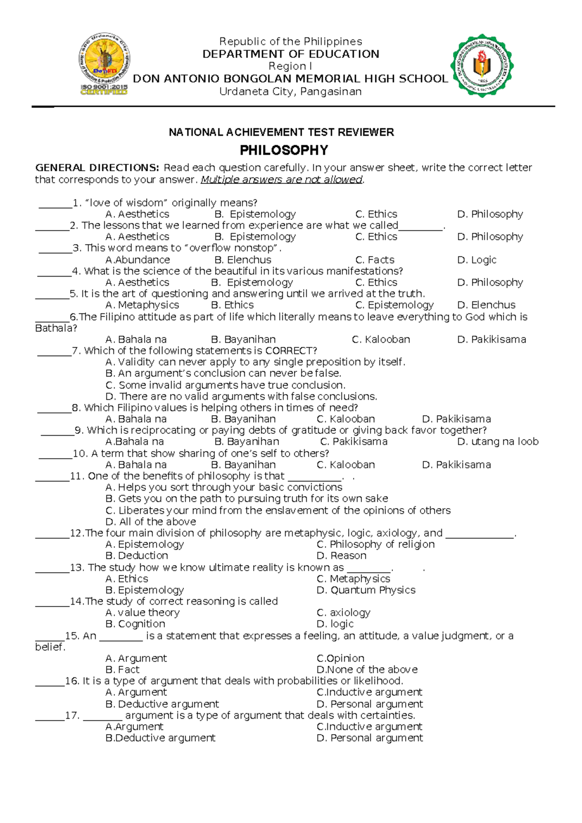 1st Quarter Exam PHIL 101: Introduction to Philosophy of a Human Person ...