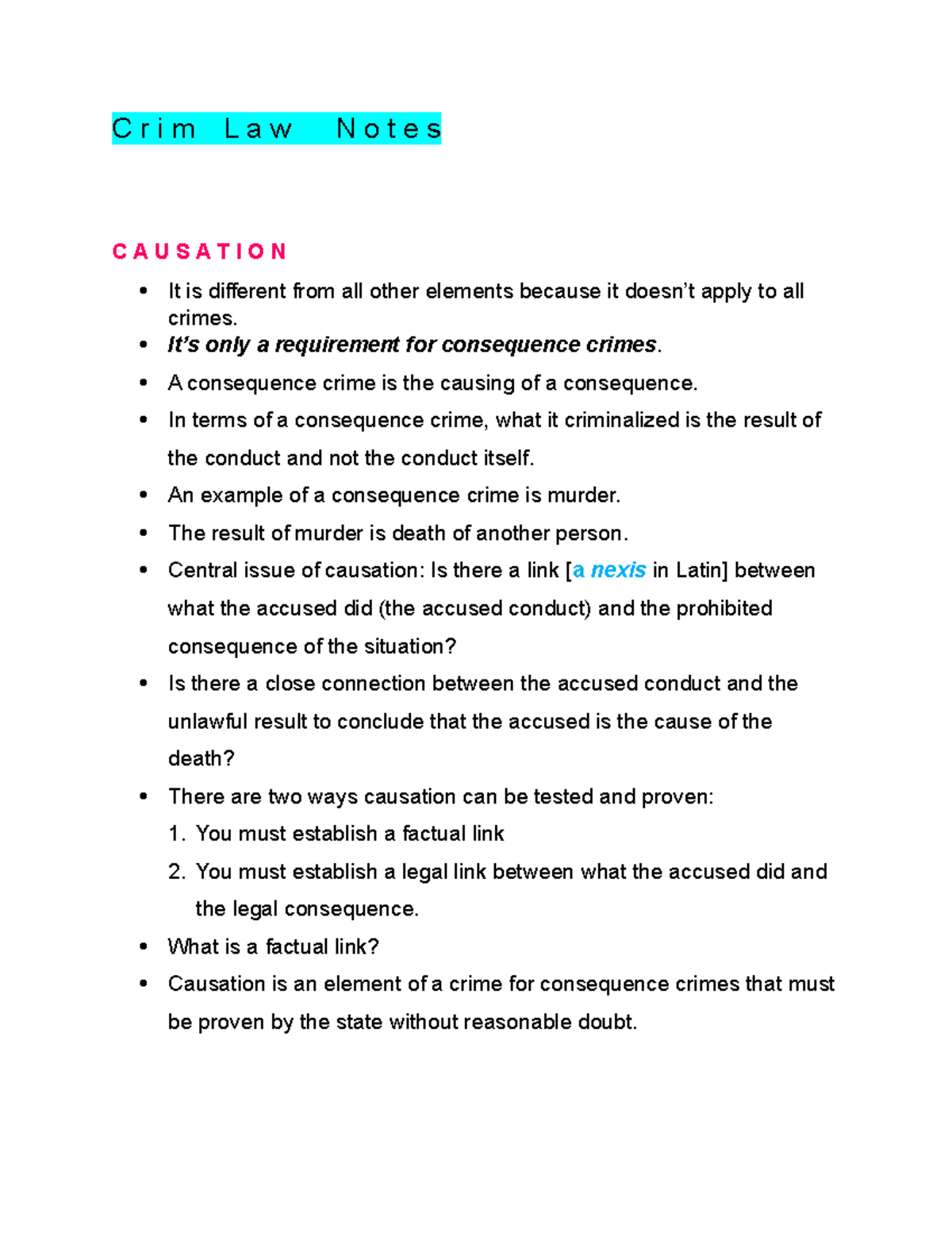CRIMINAL LAW 171 CAUSATION AND FAULT NOTES OVERVIEW - Studocu