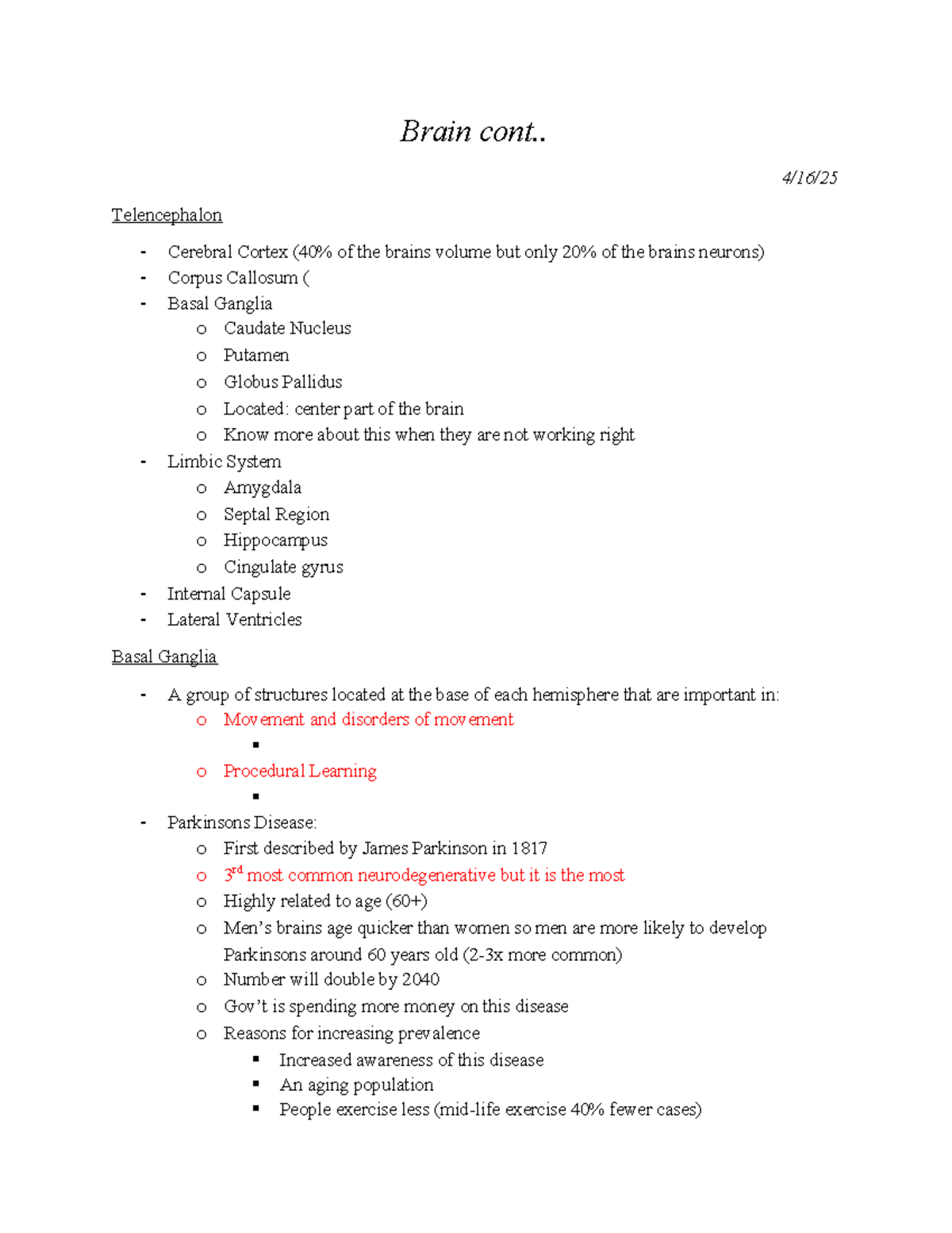 Neuro exam 4 notes - Brain structures and Parkinson's disease overview ...