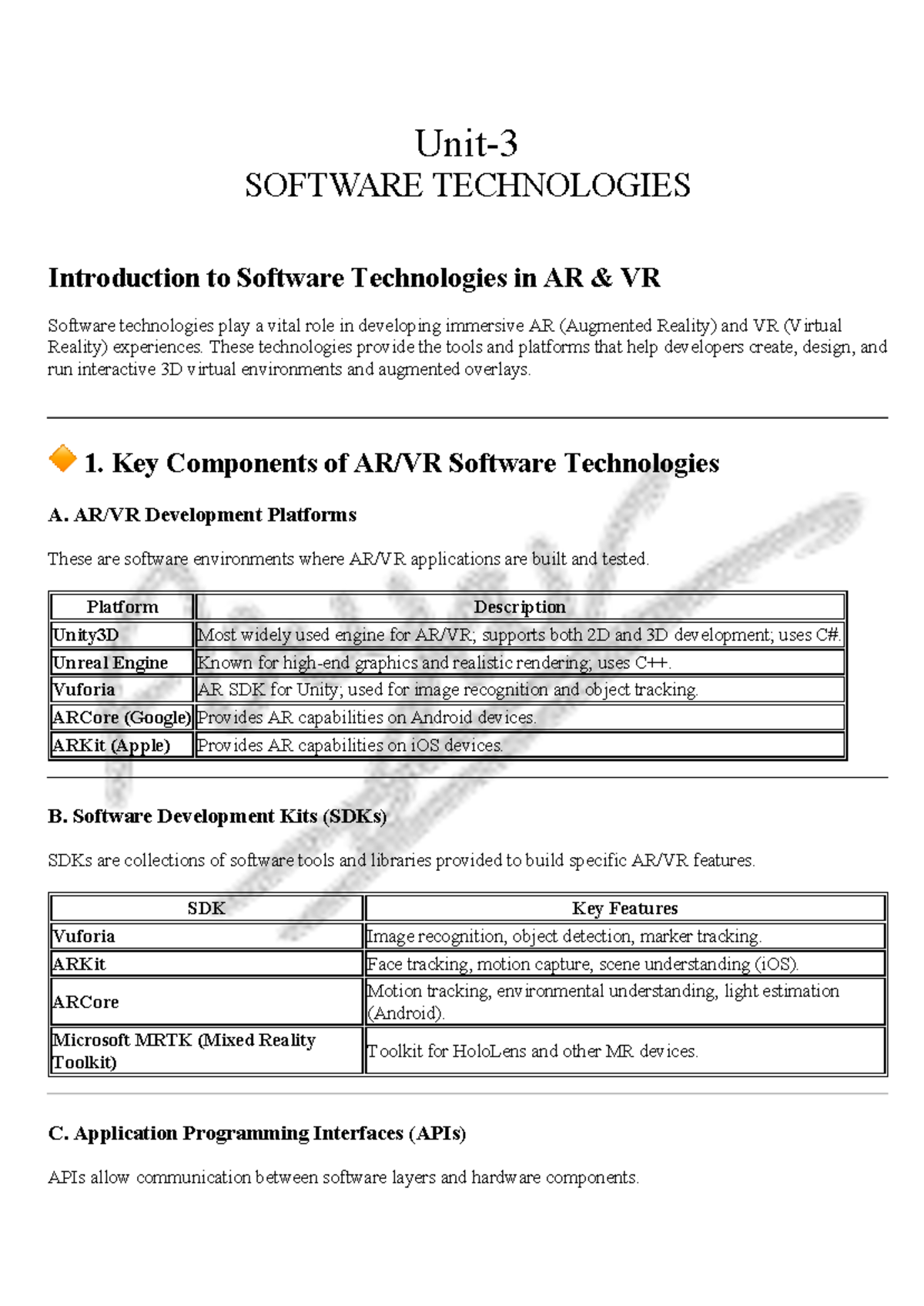 AR&VR Unit 3: Introduction to Software Technologies in AR & VR - Studocu