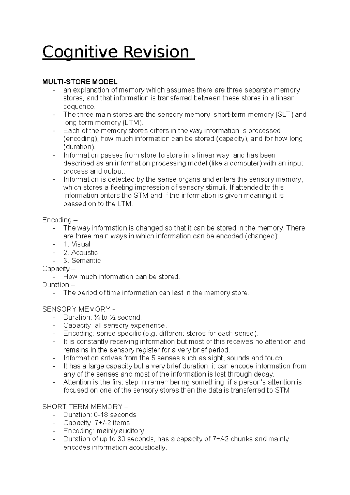 Cognitive Revision: Memory Stores in MSM (Memory Model) - Studocu