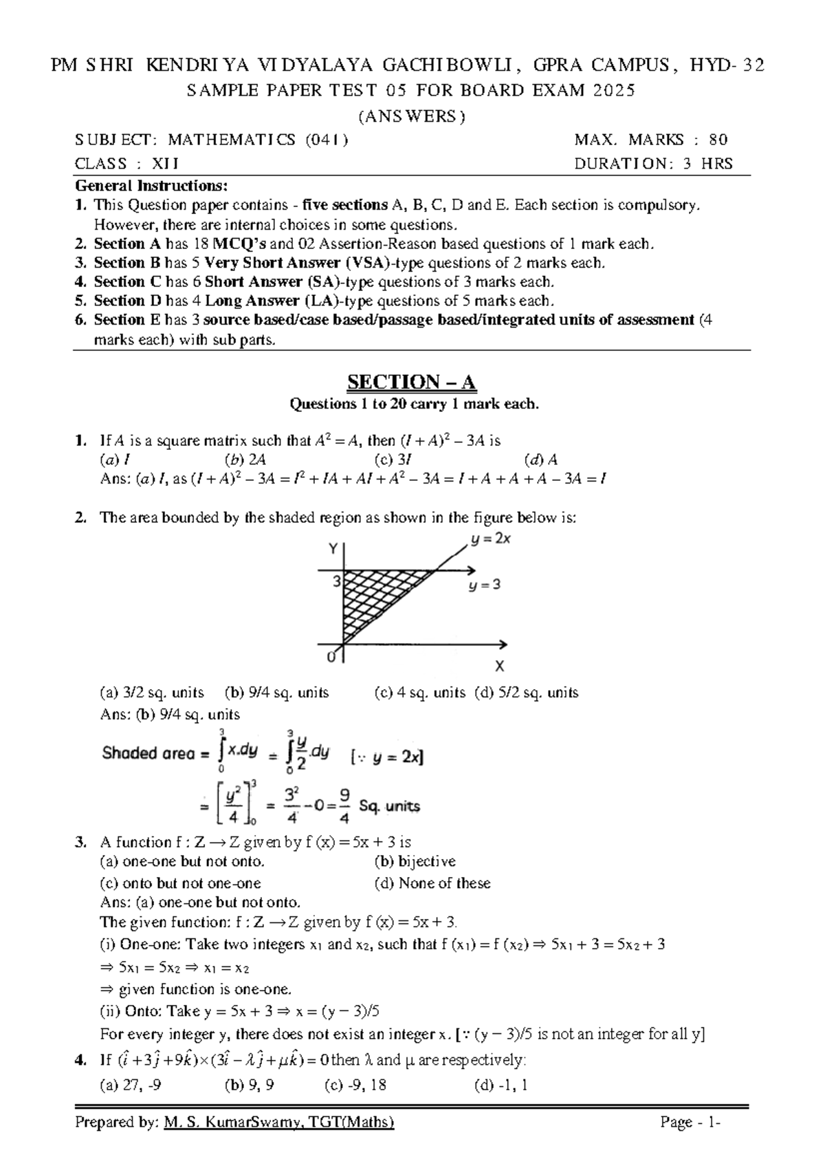 Maths Class XII Sample Paper Test 05 for Board Exam 2025 (Answers ...