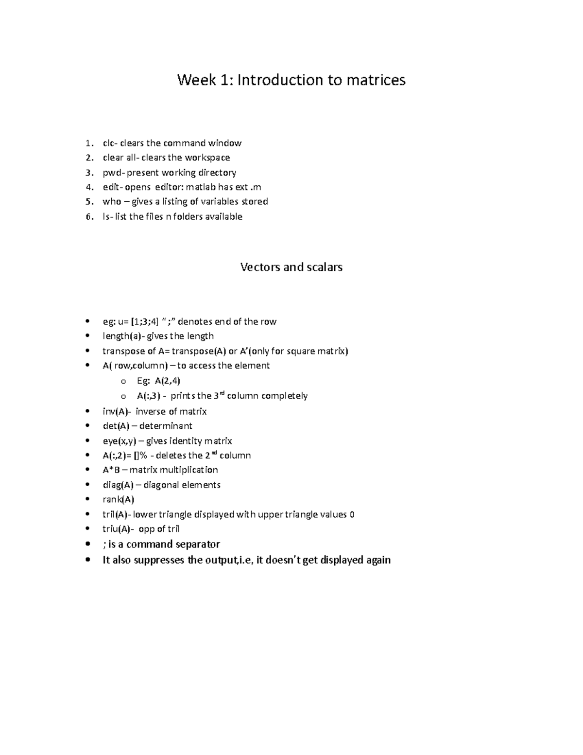 Matlab Commands Overview for Week 1 & 2 - Intro to Matrices and ...
