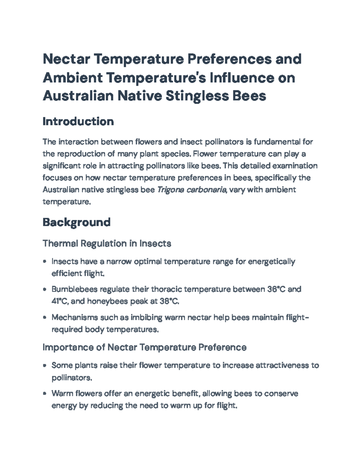 Nectar Temperature Preferences and Ambient Influence on T. carbonaria ...