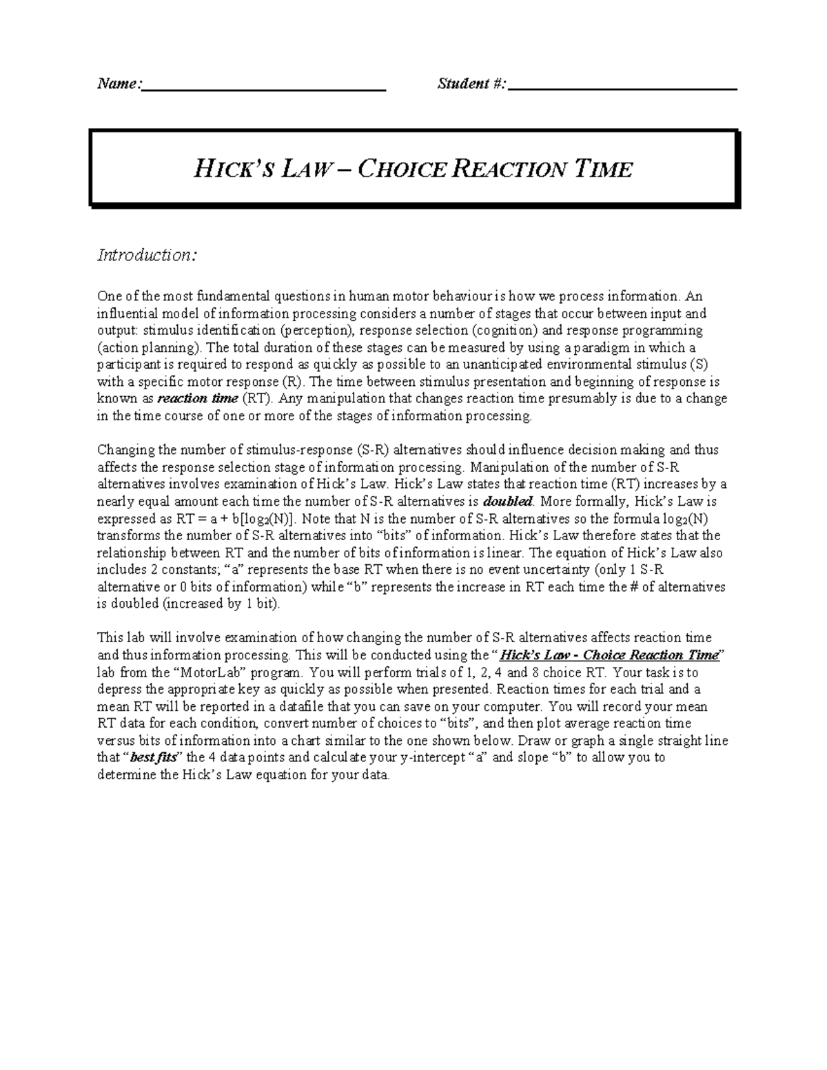Hick's Law - Choice Reaction Time Experiment (Lab 3) Analysis - Studocu