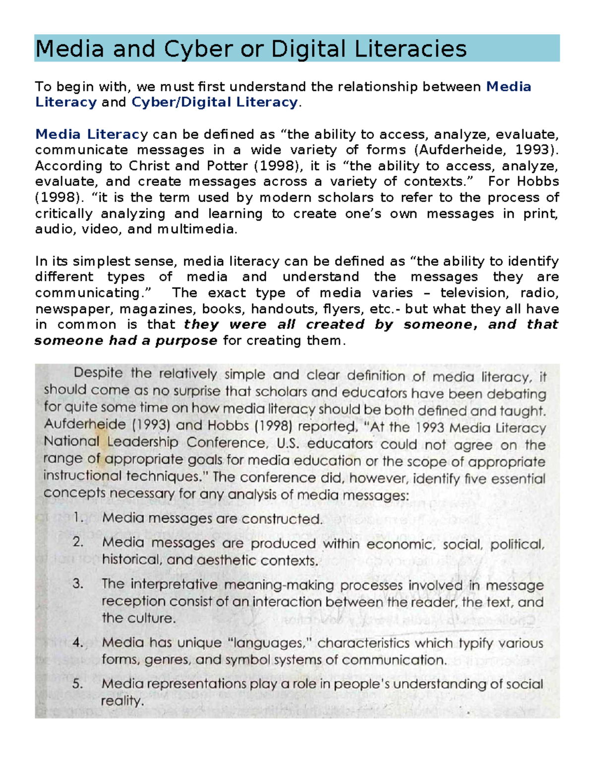 Media Literacy: Understanding Digital and Cyber Literacies - Studocu