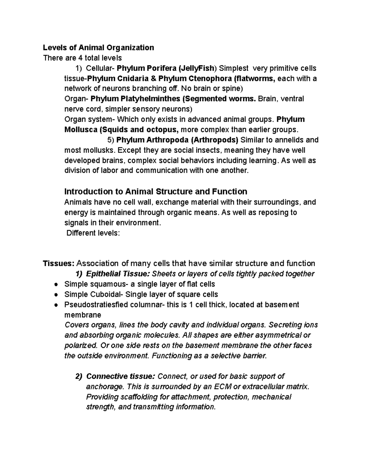 Bio%202%20notes - Exam 3 lecture notes - Levels of Animal Organization ...