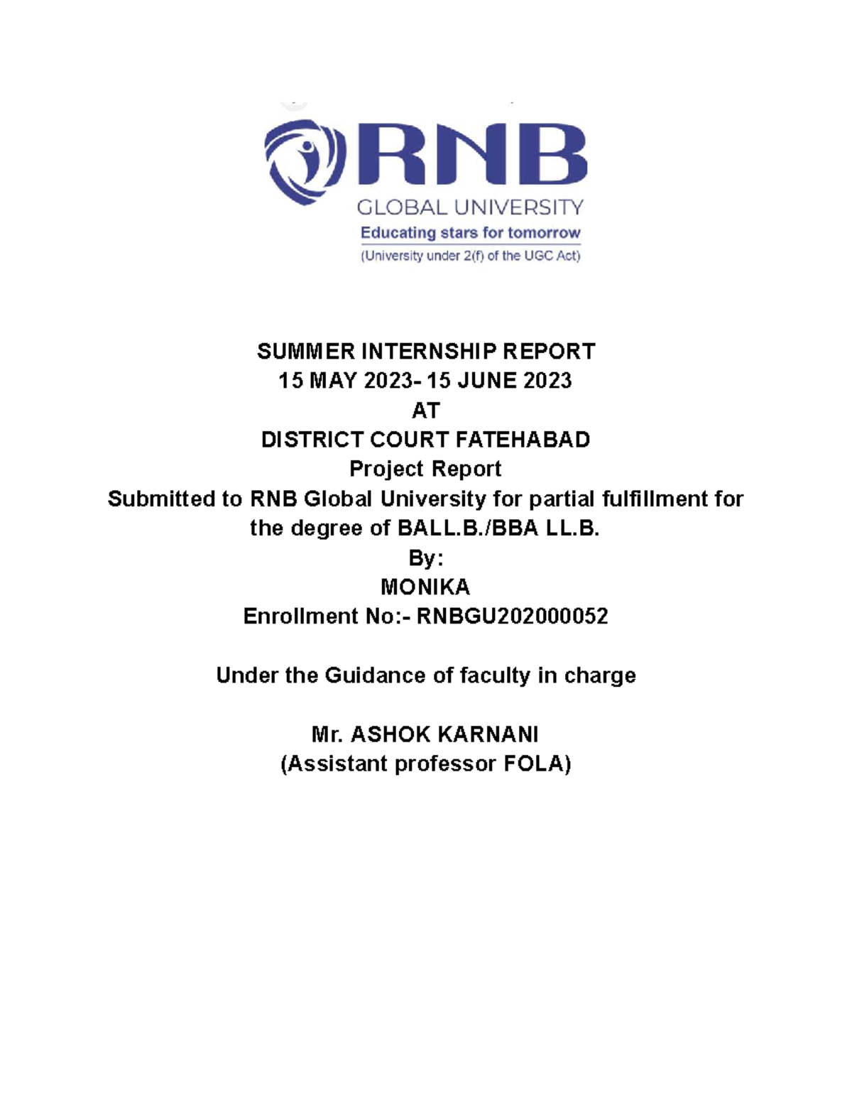 BA LLB-VII Summer Internship Report at Fatehabad District Court - Studocu