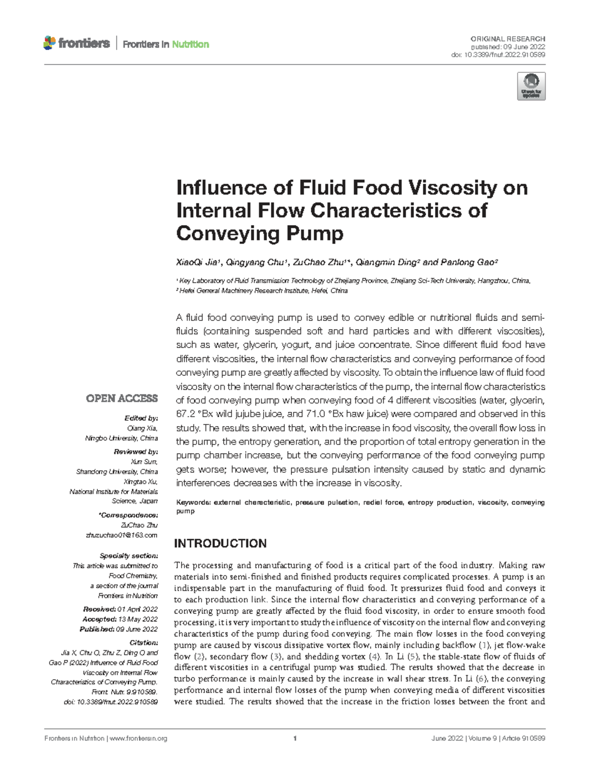 Influence of Fluid Food Viscosity on Pump Flow Characteristics (Fnut-09 ...