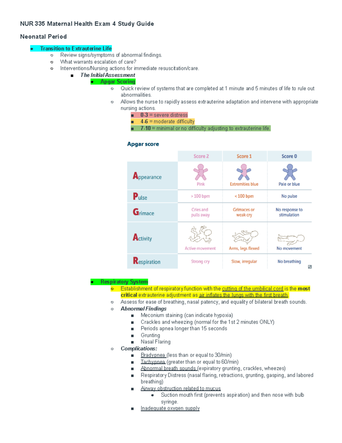 NUR 335 Maternal Health Exam 4 Study Guide: Neonatal Period Insights ...