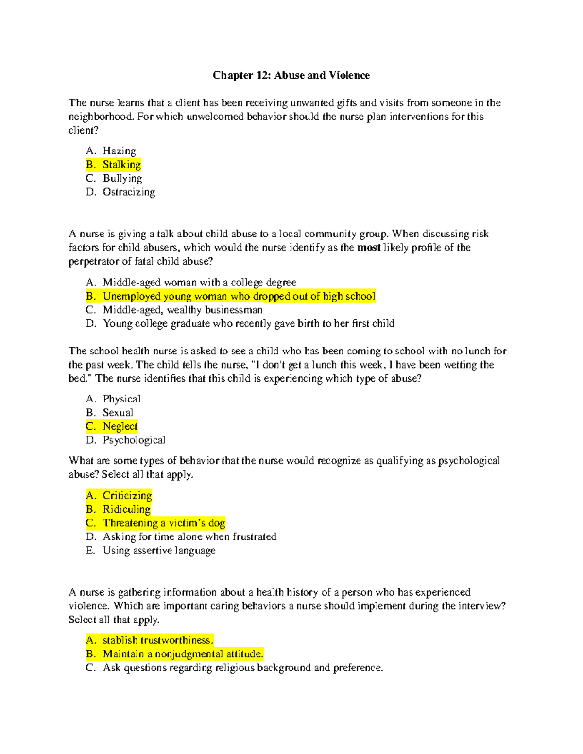 Chapter 12: Understanding Abuse and Violence in Nursing Care - Studocu