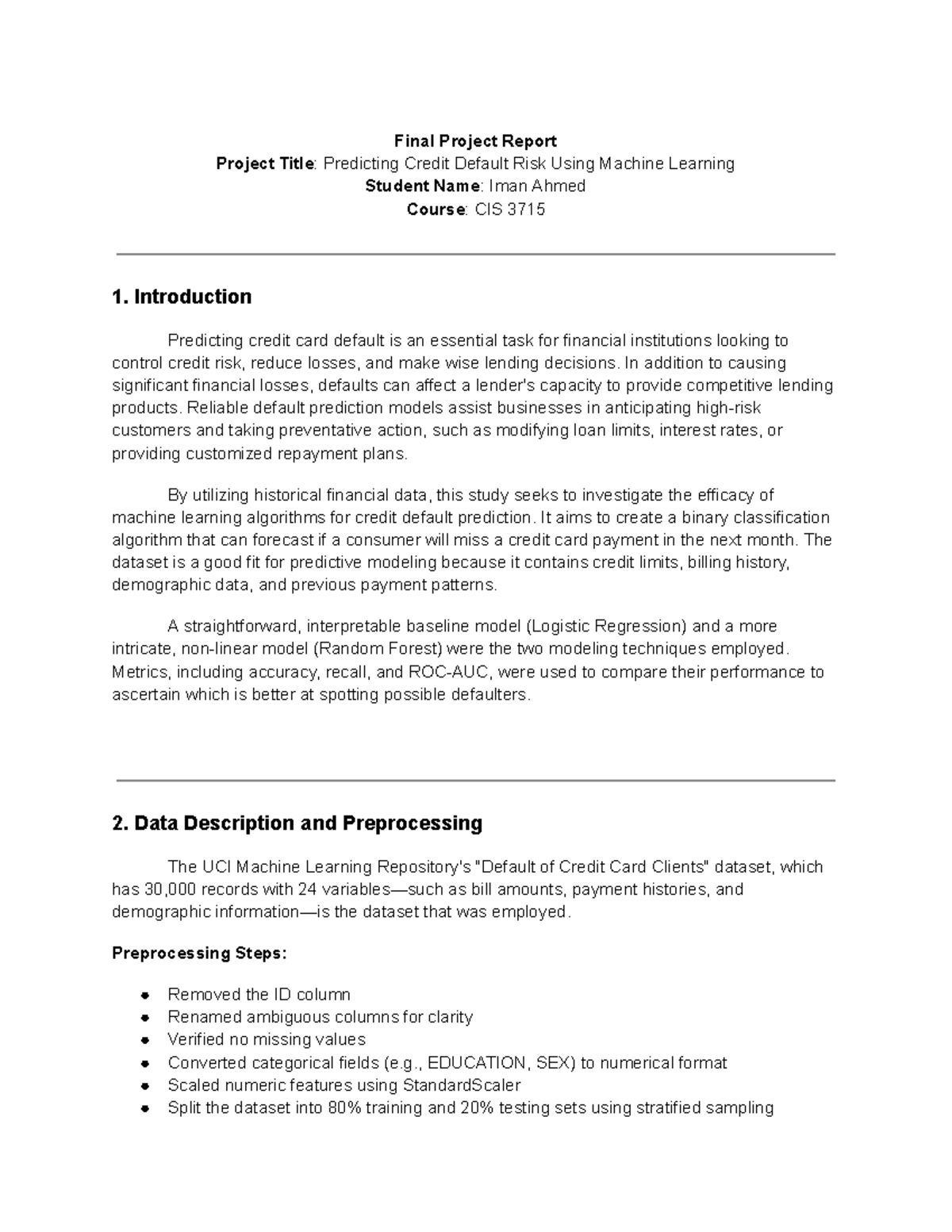CIS 3715 - Final Project: Predicting Credit Default Risk with ML - Studocu