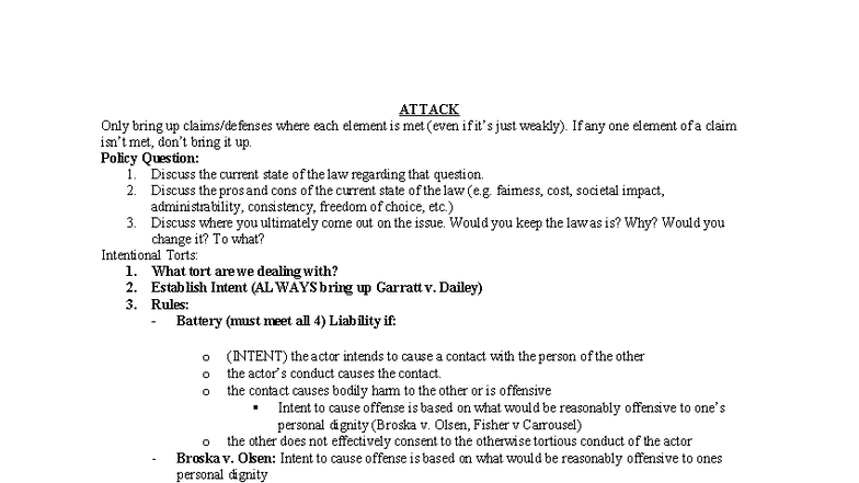 Torts Attack: Comprehensive Course Notes for Law Exam (LAW 101) - Studocu