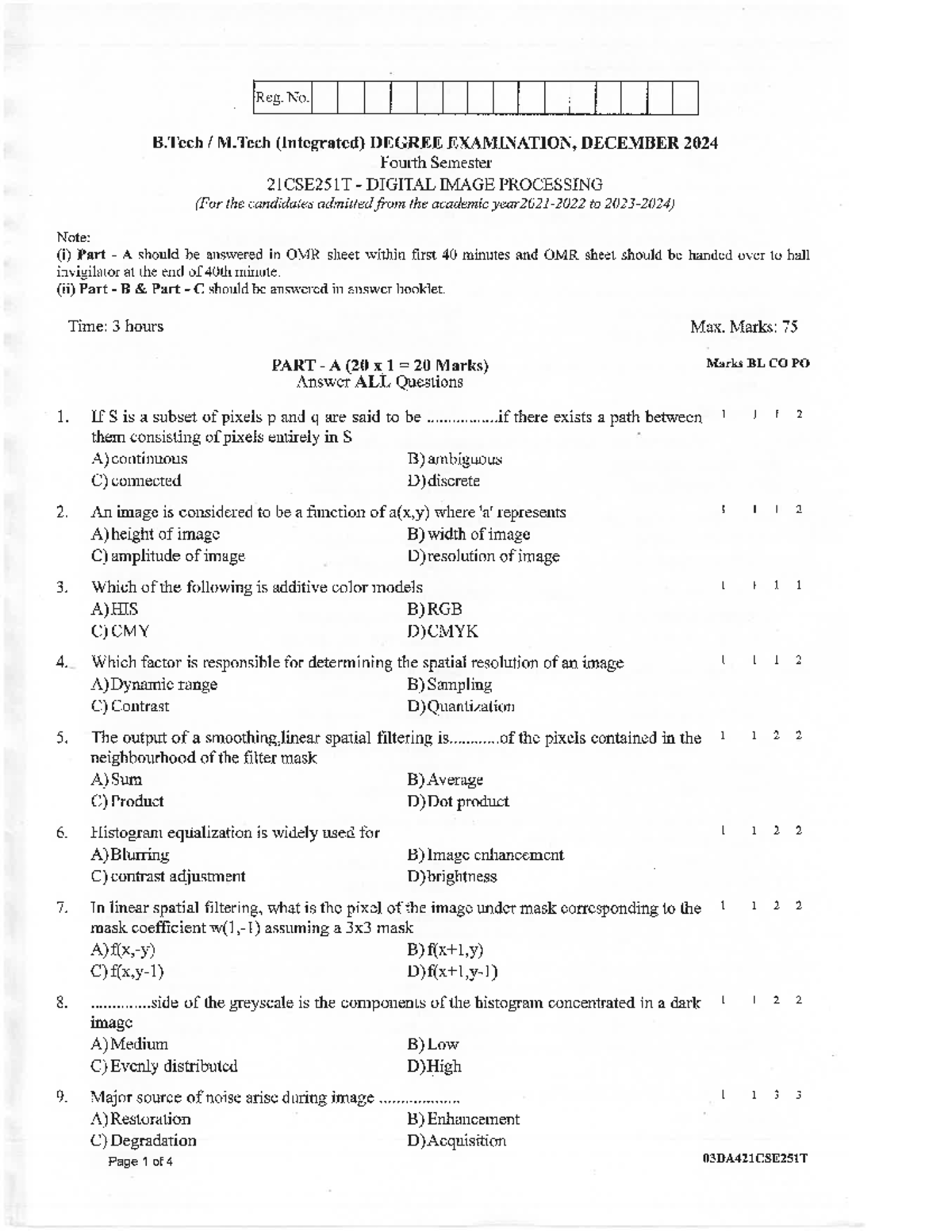 21CSE251T Digital Image Processing Exam Paper - December 2024 - Studocu