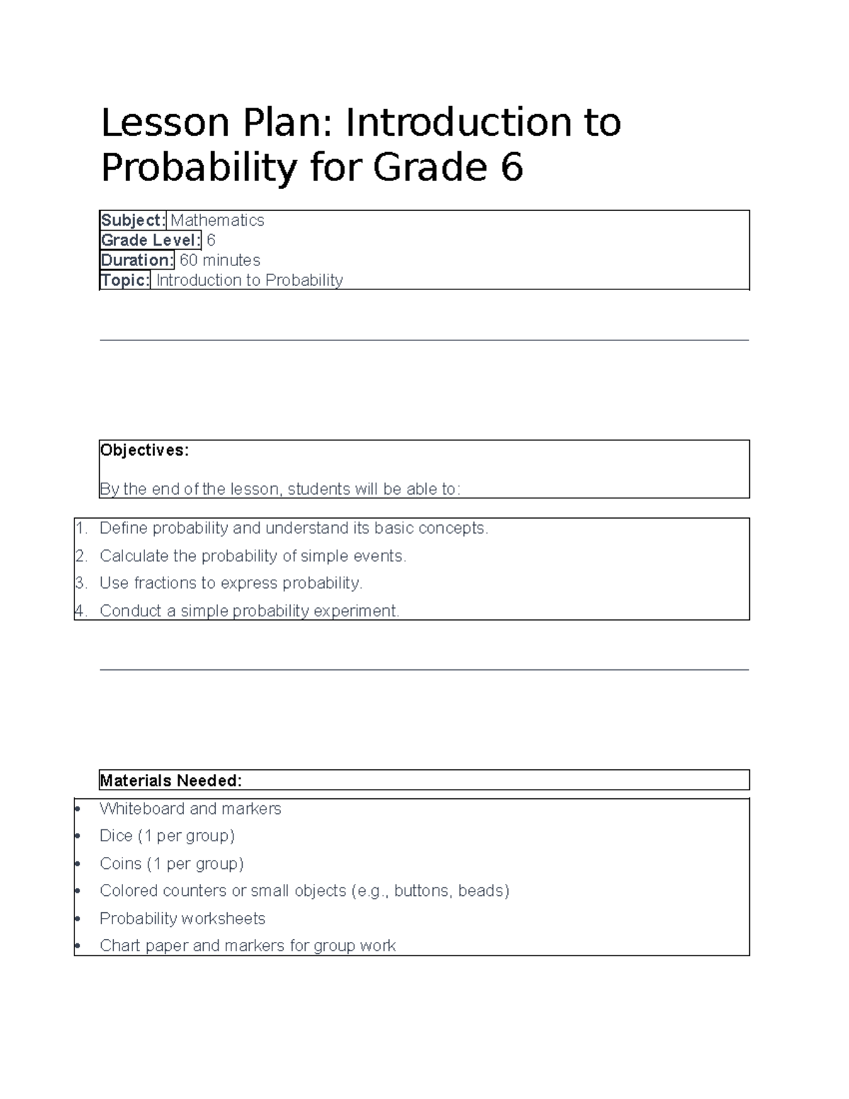 Lesson Plan: Intro to Probability for Grade 6 Math - Studocu