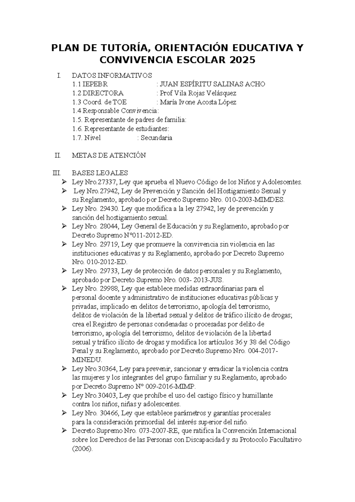 Plan Anual de Tutoría y Convivencia Escolar 2025 - IEPEBR J.E.S. - Studocu
