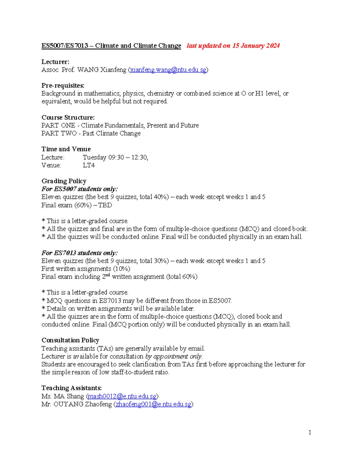 ES5007 & ES7013 Course Syllabus: Climate and Climate Change Overview ...