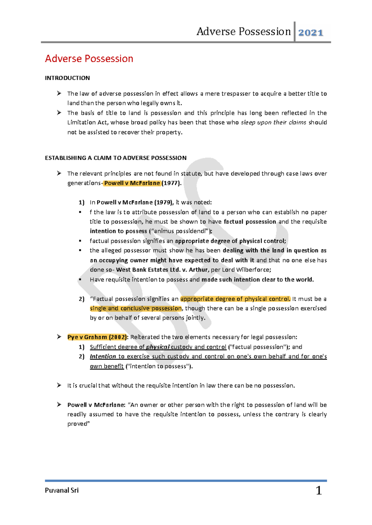 Adverse Possession Law: Key Principles and Case Studies (2021) - Studocu