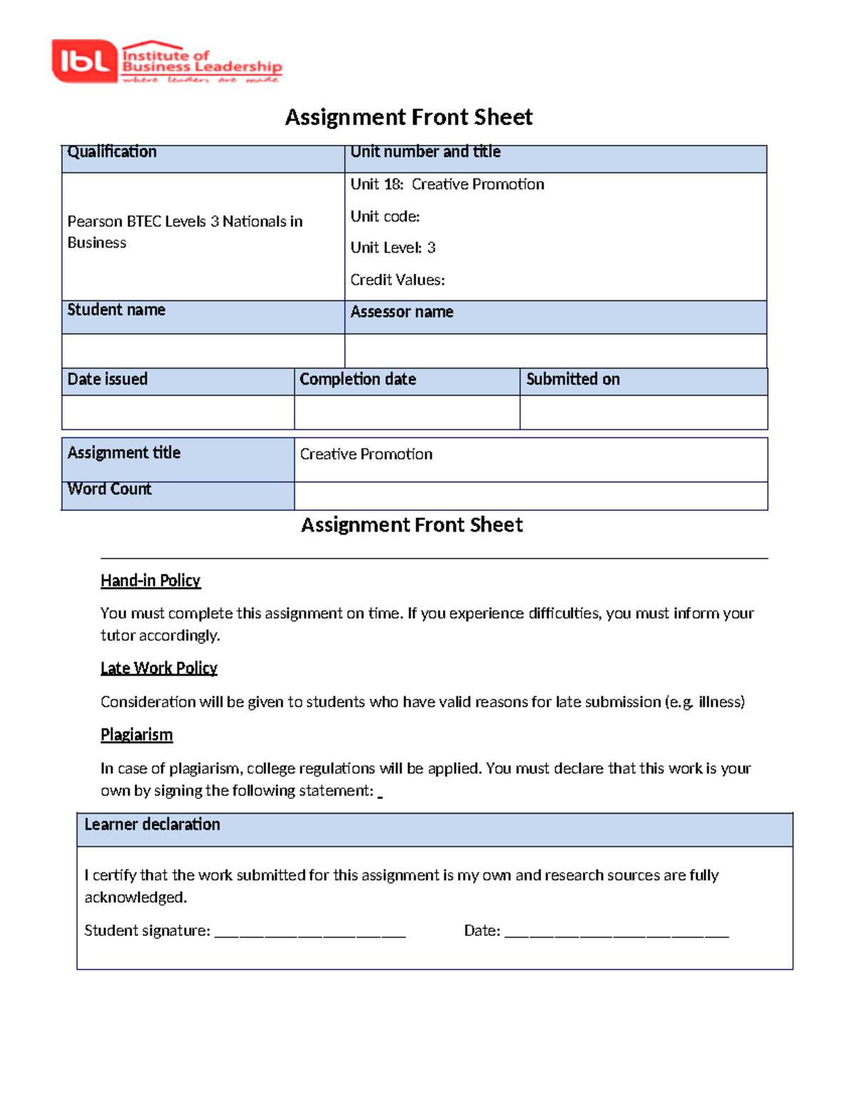Unit 18 Creative Promotion , Solution - Assignment Front Sheet ...