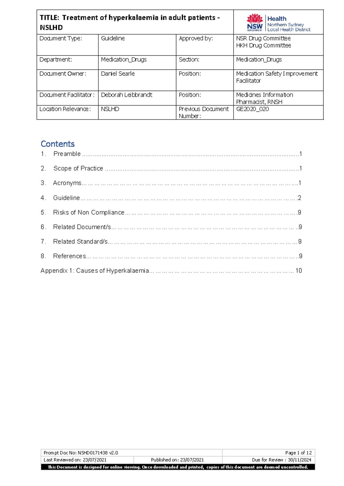 Treatment of hyperkalaemia in adult patients - Nslhd - NSLHD Document ...