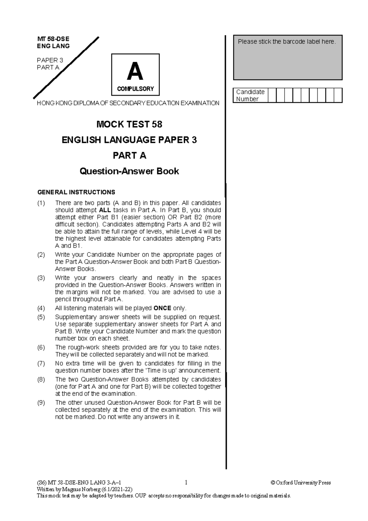MT58 DSE ENG Lang Paper 3 Mock Test & Answer Book - Studocu