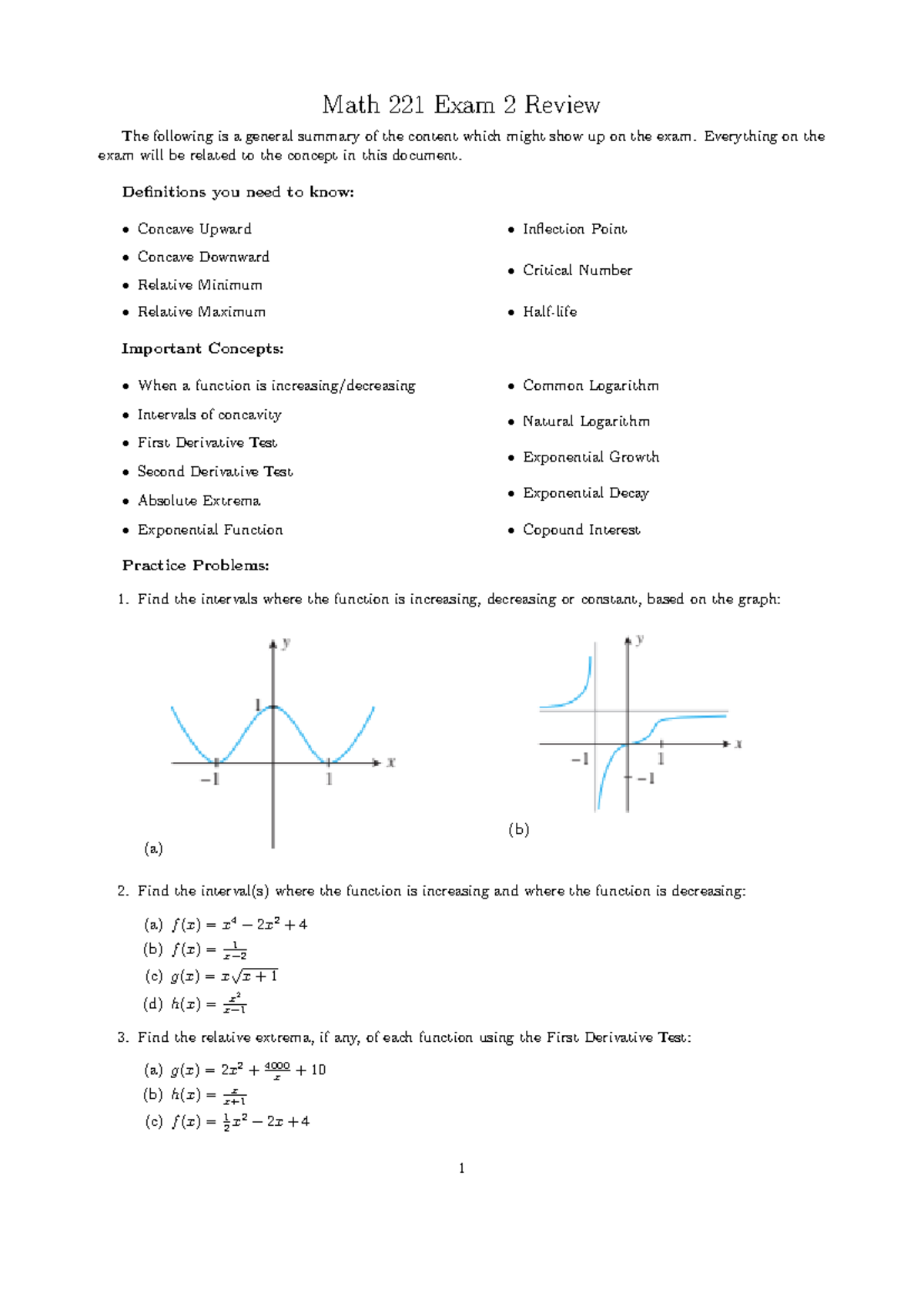 Math 221 Exam 2 Review: Key Concepts and Practice Problems - Math 221 ...