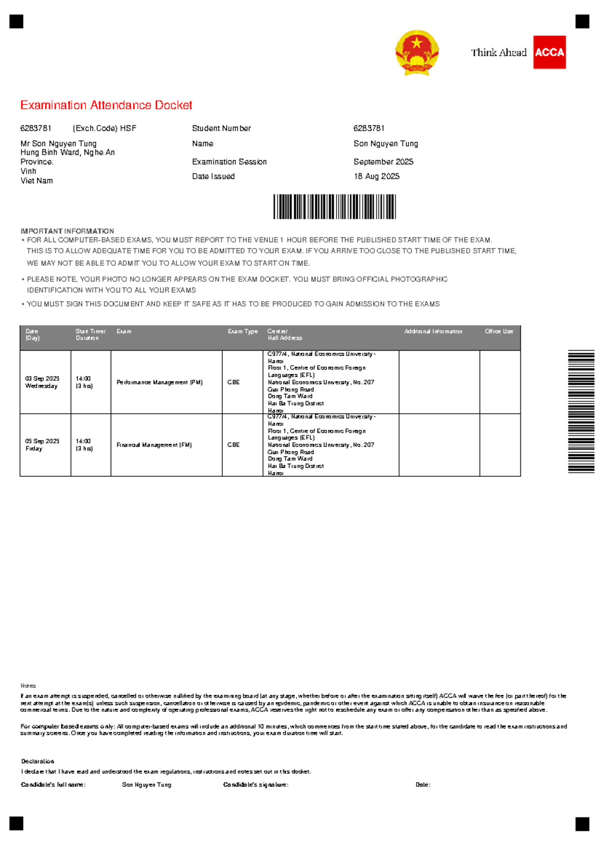 Examination Attendance Docket for PM & FM - 6283781 - Studocu